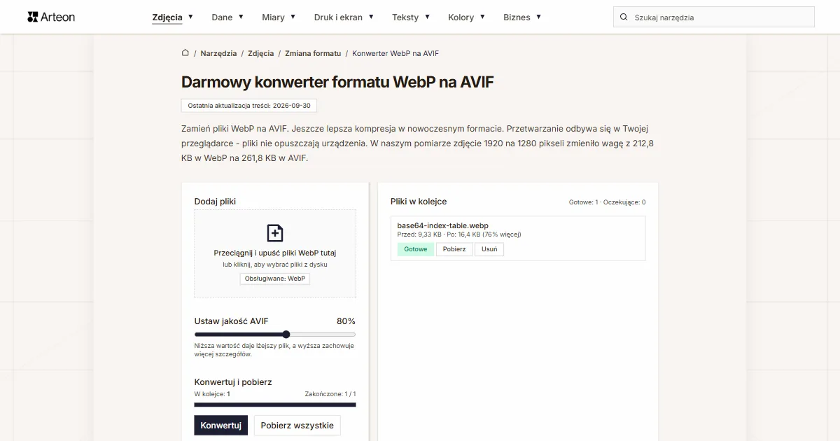 Zrzut ekranu darmowego narzędzia Arteon: Darmowy konwerter formatu WebP na AVIF
