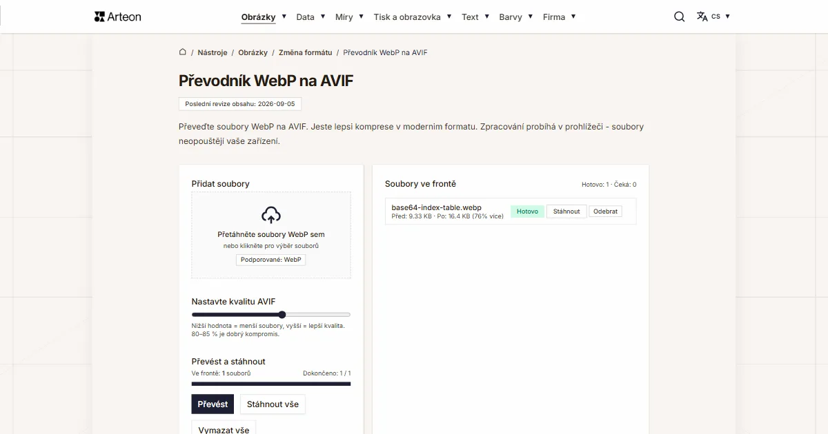 Snímek obrazovky bezplatného nástroje Arteon: Převodník WebP na AVIF