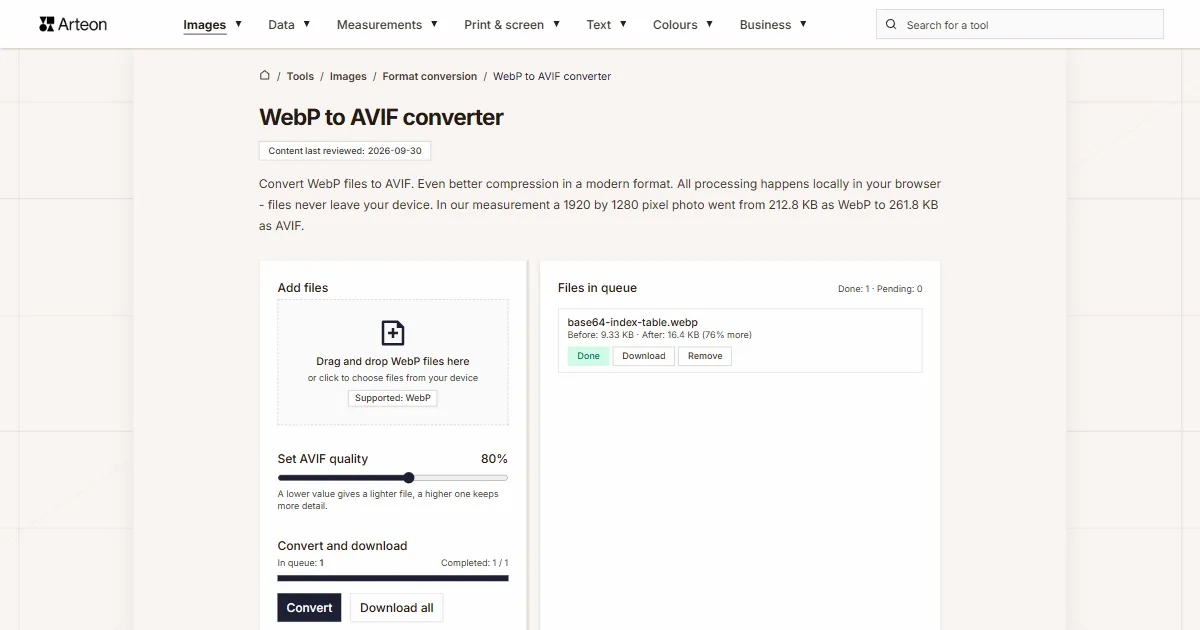 Arteon free tool screenshot: WebP to AVIF converter