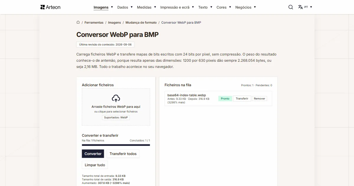 Captura de ecrã da ferramenta gratuita da Arteon: Conversor WebP para BMP
