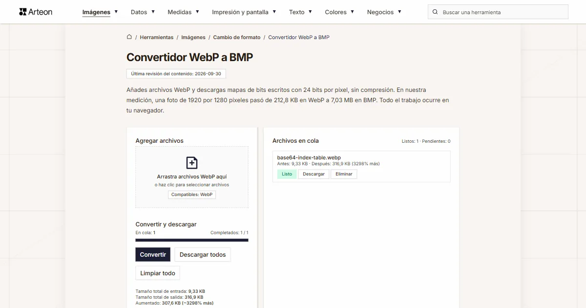 Captura de pantalla de la herramienta gratuita de Arteon: Convertidor WebP a BMP