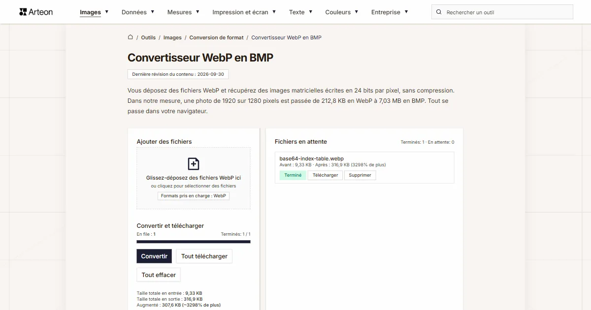 Capture d'écran de l'outil gratuit d'Arteon: Convertisseur WebP en BMP