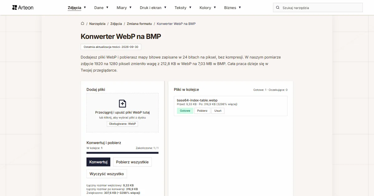 Zrzut ekranu darmowego narzędzia Arteon: Konwerter WebP na BMP