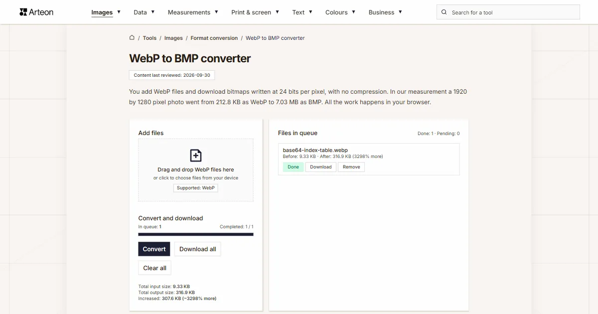 Arteon free tool screenshot: WebP to BMP converter