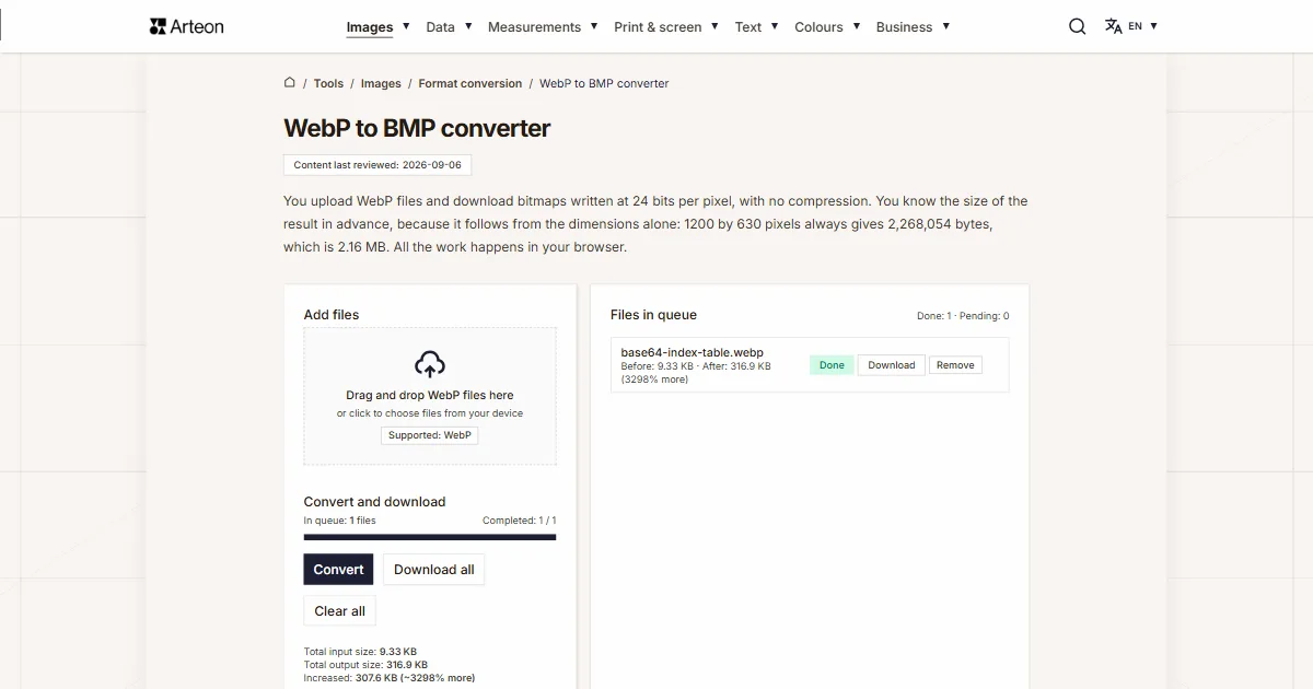 Arteon free tool screenshot: WebP to BMP converter