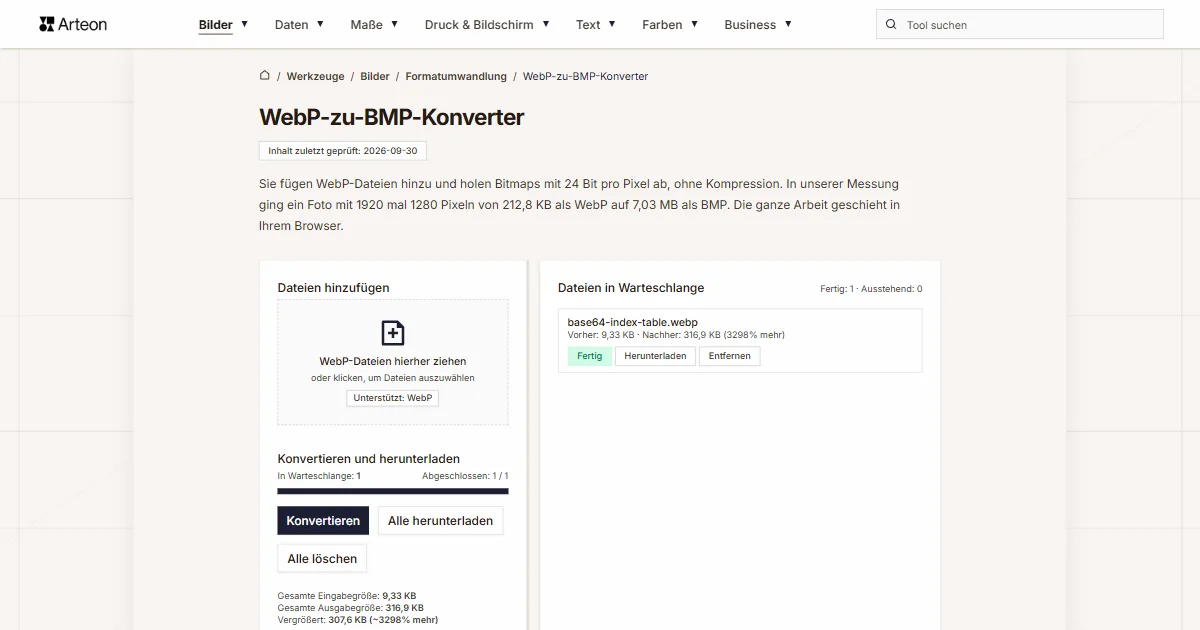 Screenshot des kostenlosen Arteon-Werkzeugs: WebP-zu-BMP-Konverter
