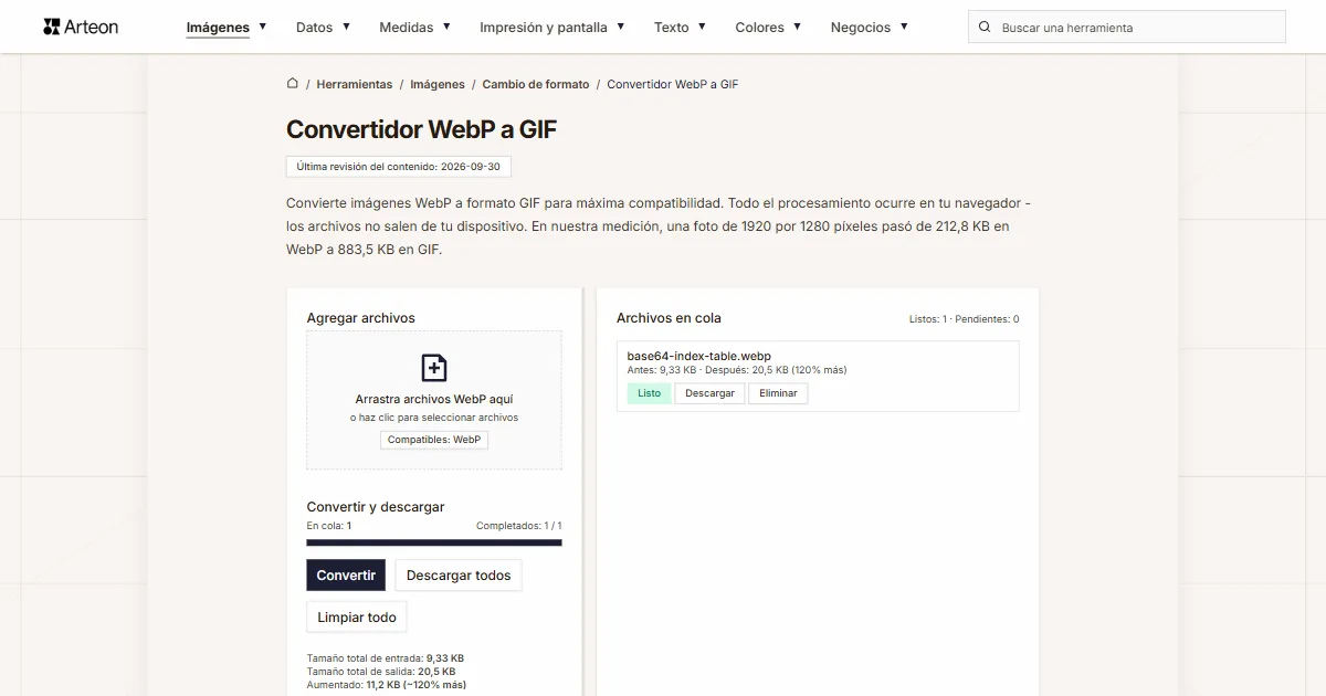 Captura de pantalla de la herramienta gratuita de Arteon: Convertidor WebP a GIF