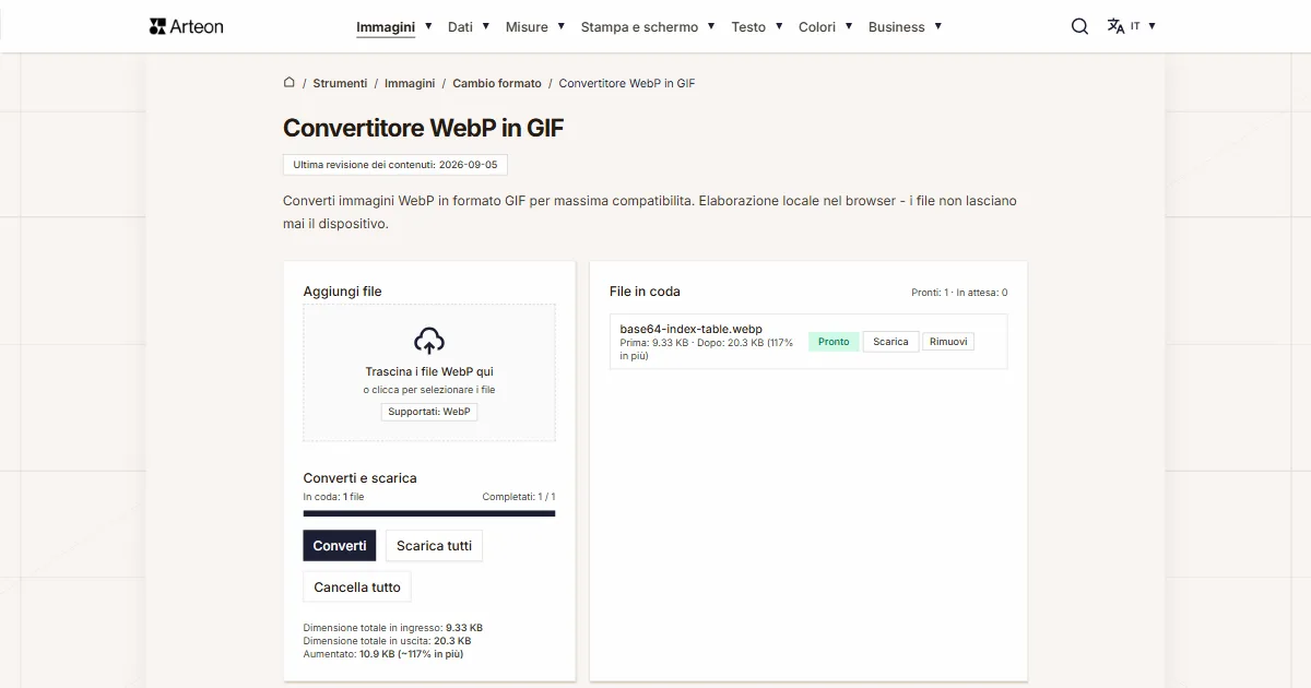 Screenshot dello strumento gratuito Arteon: Convertitore WebP in GIF