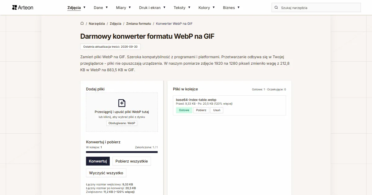Zrzut ekranu darmowego narzędzia Arteon: Darmowy konwerter formatu WebP na GIF