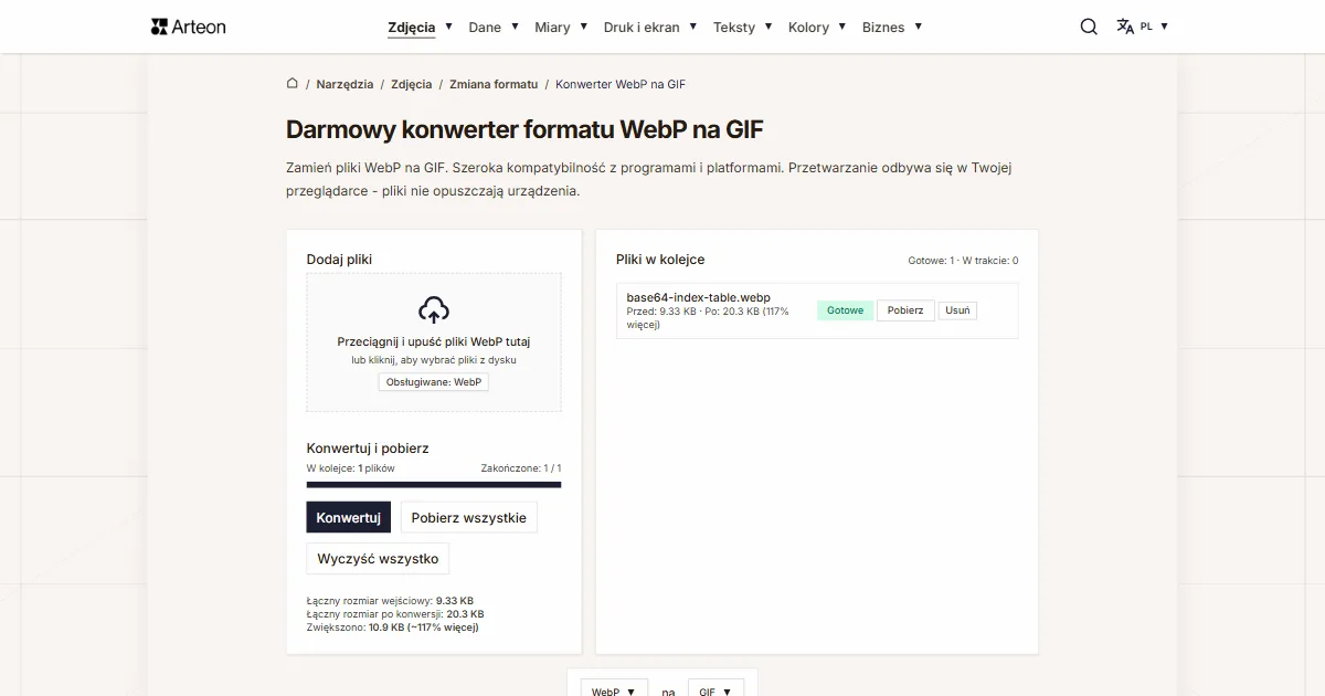 Zrzut ekranu darmowego narzędzia Arteon: Darmowy konwerter formatu WebP na GIF