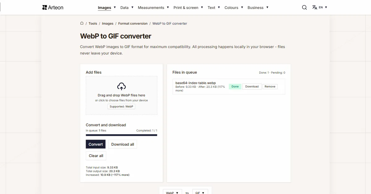 Arteon free tool screenshot: WebP to GIF converter