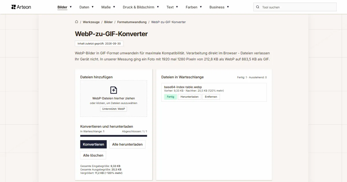 Screenshot des kostenlosen Arteon-Werkzeugs: WebP-zu-GIF-Konverter