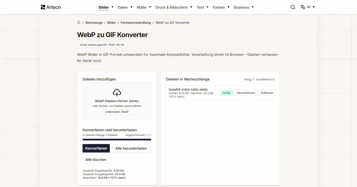 Screenshot des kostenlosen Arteon-Werkzeugs: WebP zu GIF Konverter