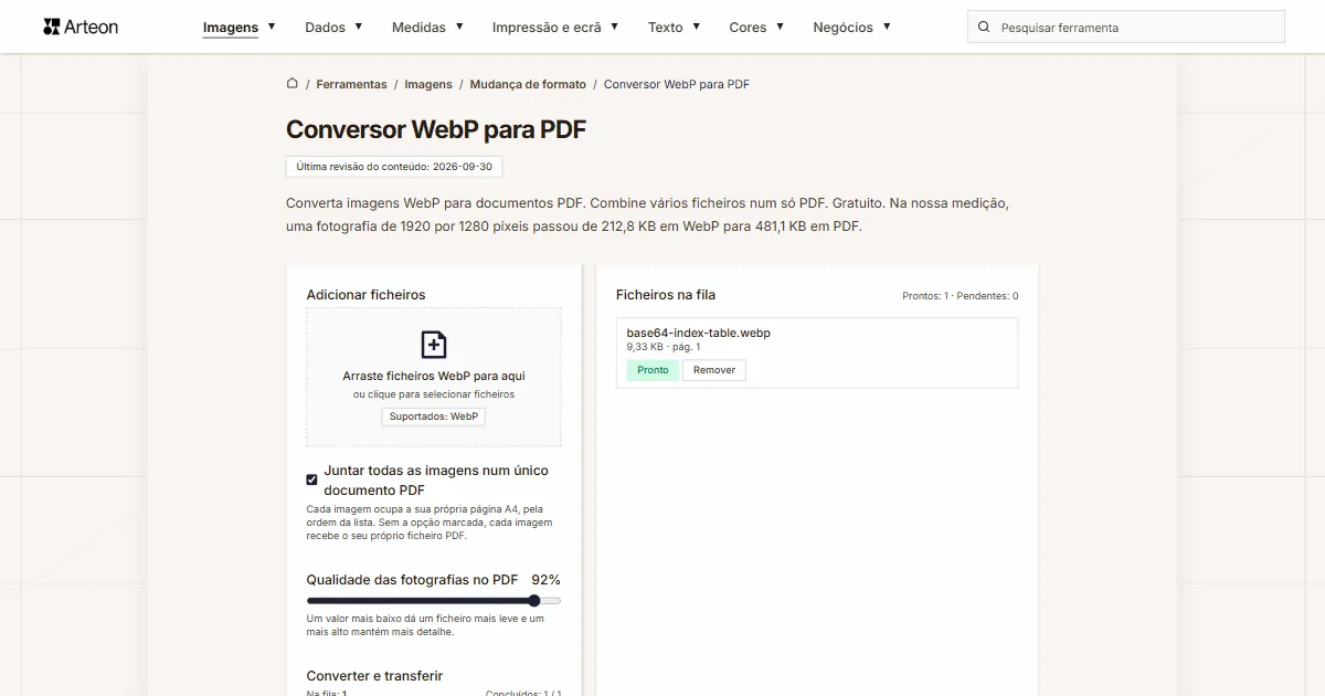 Captura de ecrã da ferramenta gratuita da Arteon: Conversor WebP para PDF