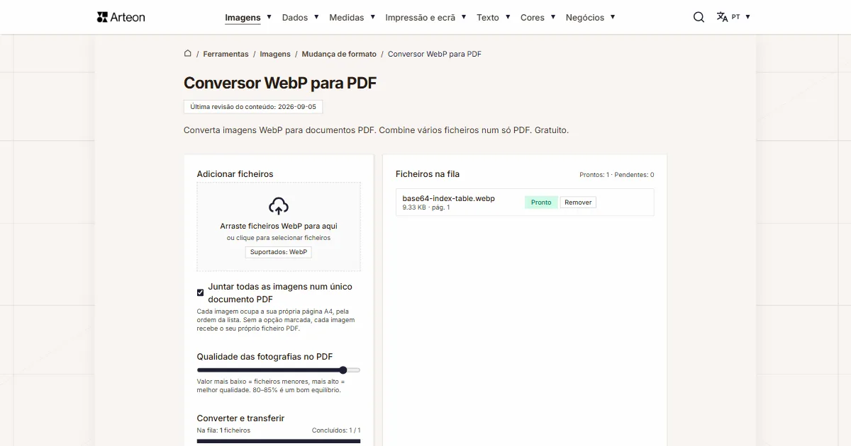 Captura de ecrã da ferramenta gratuita da Arteon: Conversor WebP para PDF