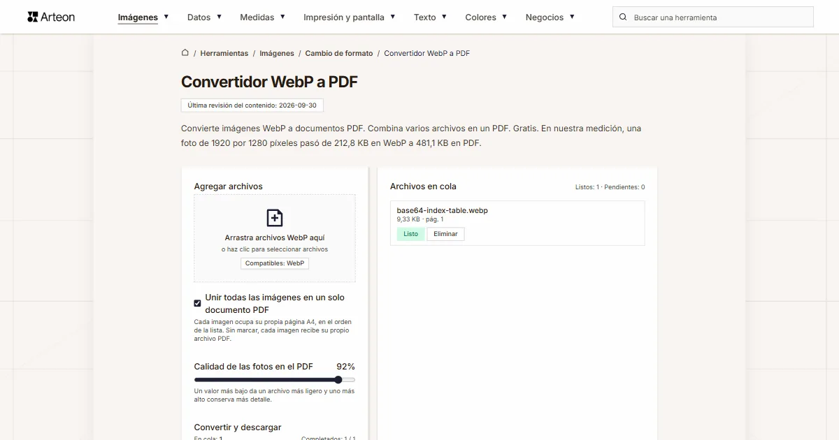 Captura de pantalla de la herramienta gratuita de Arteon: Convertidor WebP a PDF