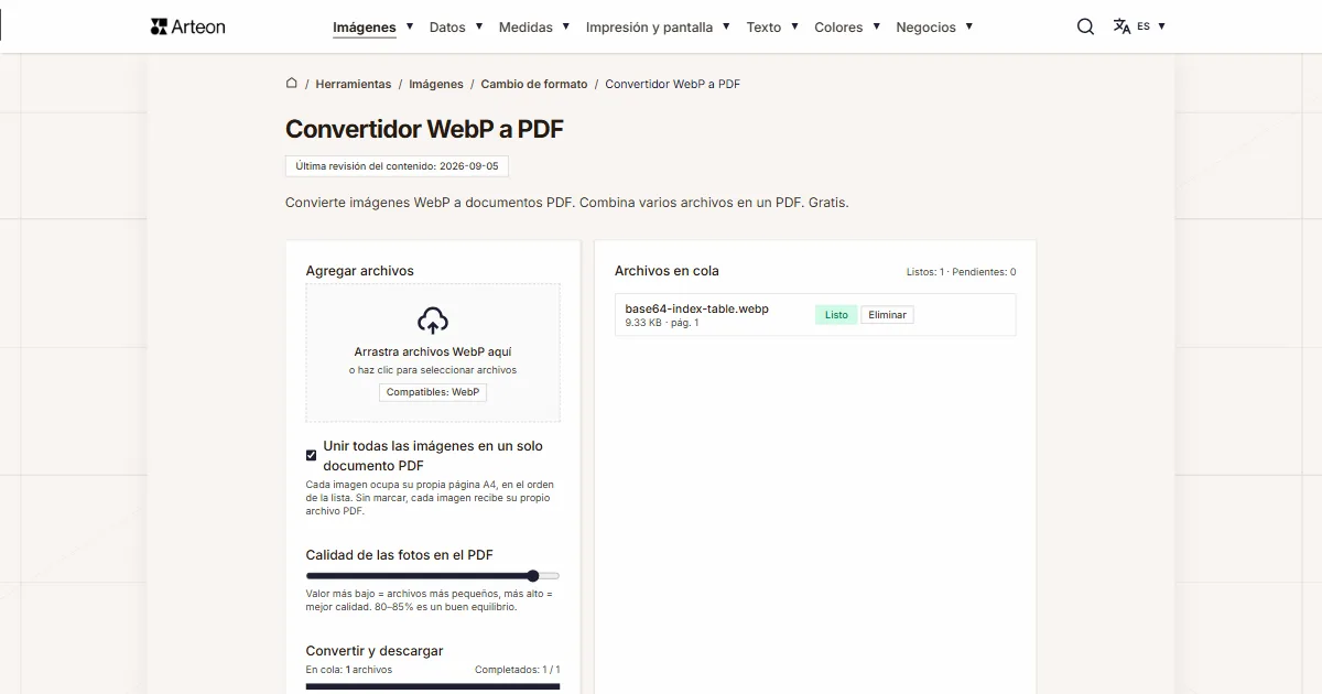 Captura de pantalla de la herramienta gratuita de Arteon: Convertidor WebP a PDF