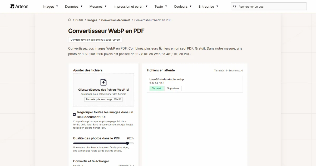 Capture d'écran de l'outil gratuit d'Arteon: Convertisseur WebP en PDF