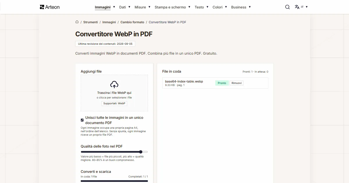 Screenshot dello strumento gratuito Arteon: Convertitore WebP in PDF
