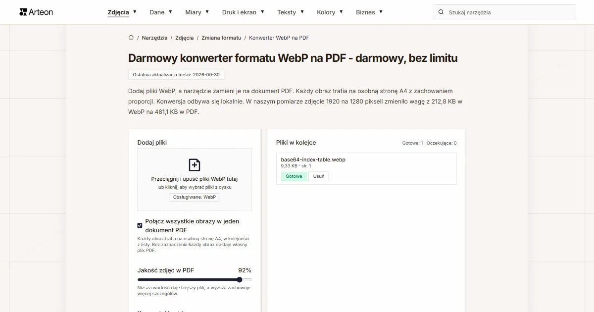 Zrzut ekranu darmowego narzędzia Arteon: Darmowy konwerter formatu WebP na PDF - darmowy, bez limitu