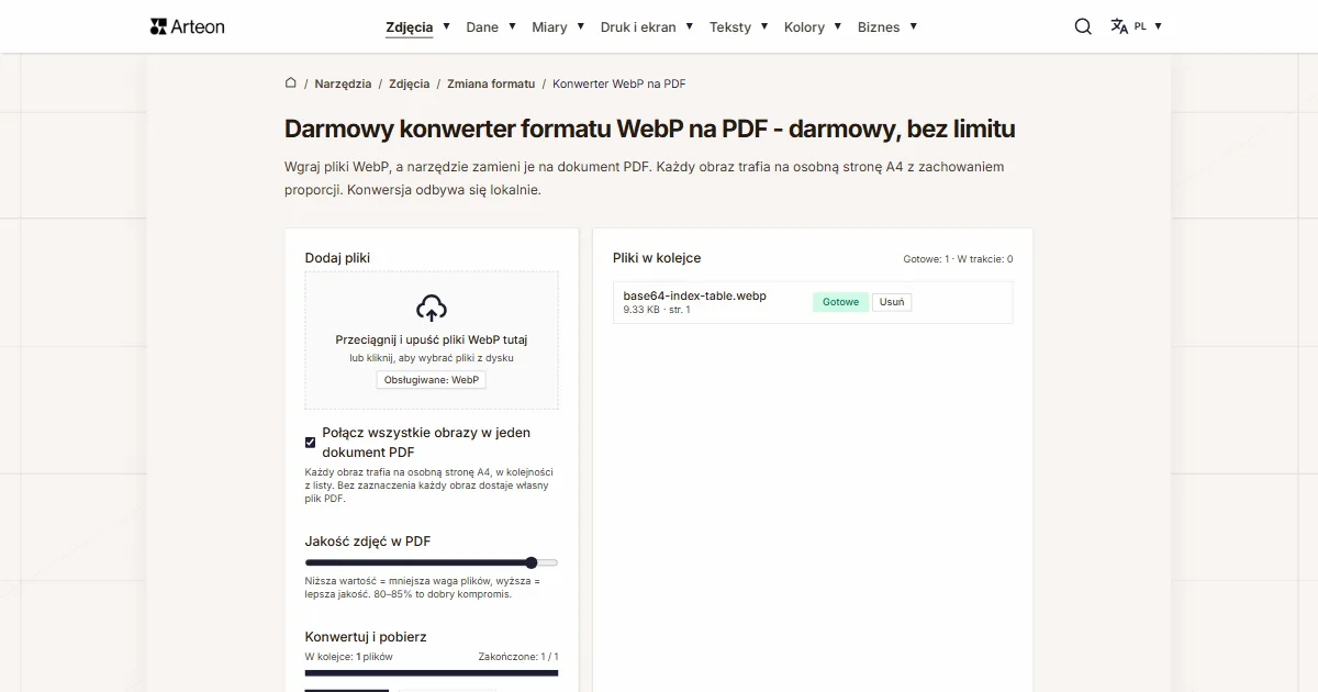 Zrzut ekranu darmowego narzędzia Arteon: Darmowy konwerter formatu WebP na PDF - darmowy, bez limitu