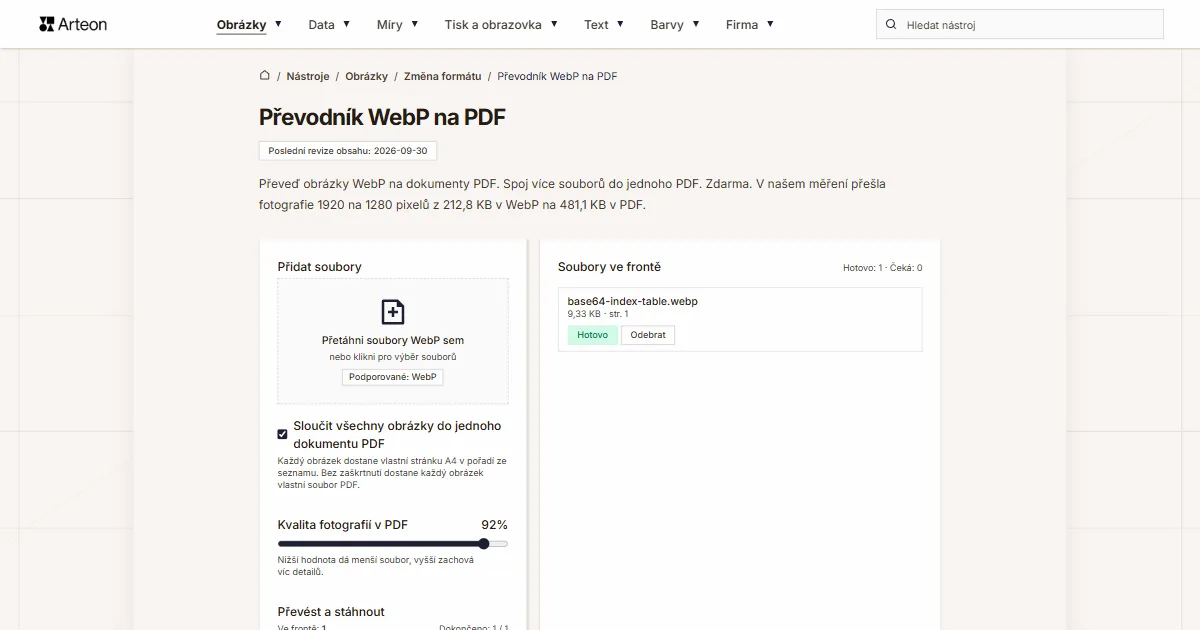 Snímek obrazovky bezplatného nástroje Arteon: Převodník WebP na PDF