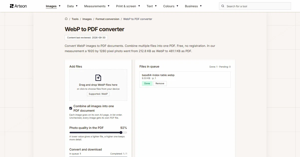 Arteon free tool screenshot: WebP to PDF converter