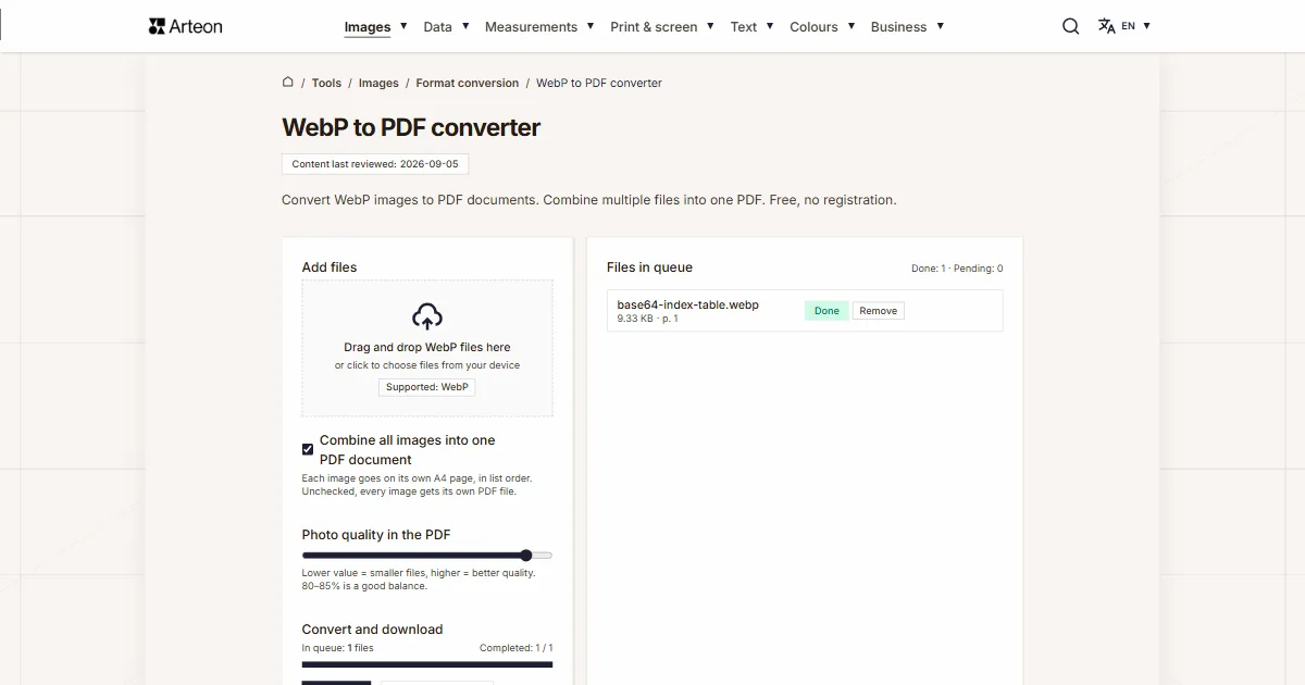 Arteon free tool screenshot: WebP to PDF converter