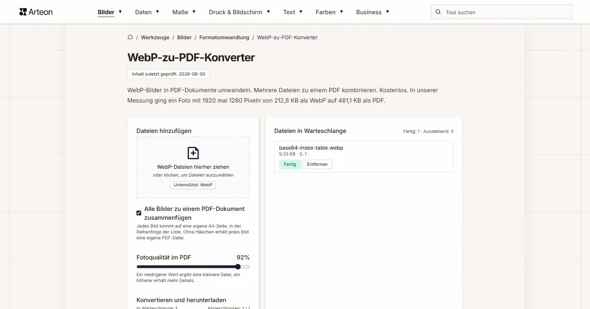 Screenshot des kostenlosen Arteon-Werkzeugs: WebP-zu-PDF-Konverter