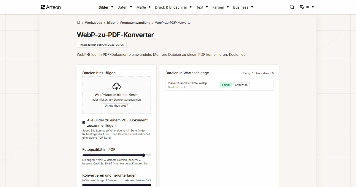 Screenshot des kostenlosen Arteon-Werkzeugs: WebP-zu-PDF-Konverter