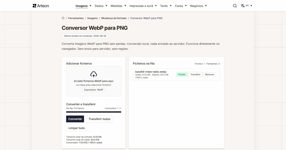 Captura de ecrã da ferramenta gratuita da Arteon: Conversor WebP para PNG