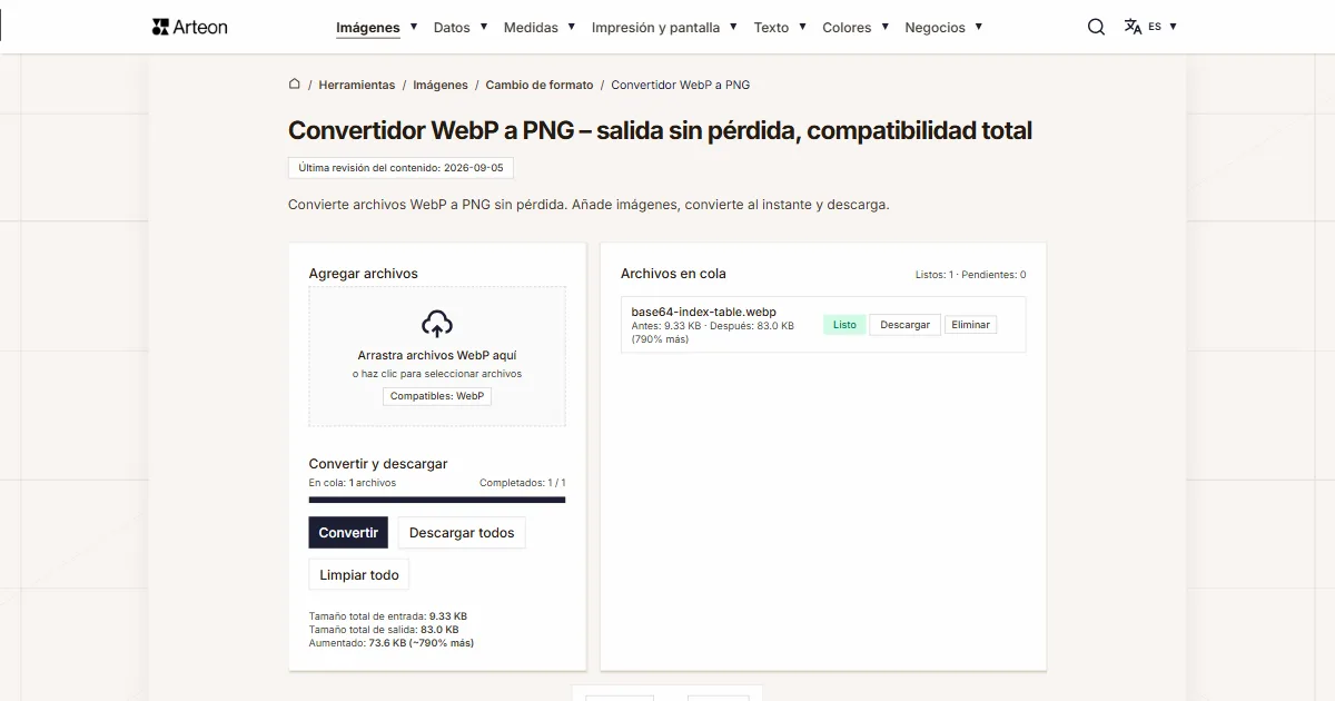 Captura de pantalla de la herramienta gratuita de Arteon: Convertidor WebP a PNG – salida sin pérdida, compatibilidad total