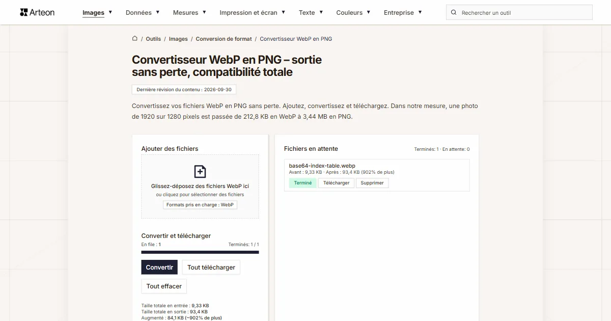 Capture d'écran de l'outil gratuit d'Arteon: Convertisseur WebP en PNG – sortie sans perte, compatibilité totale