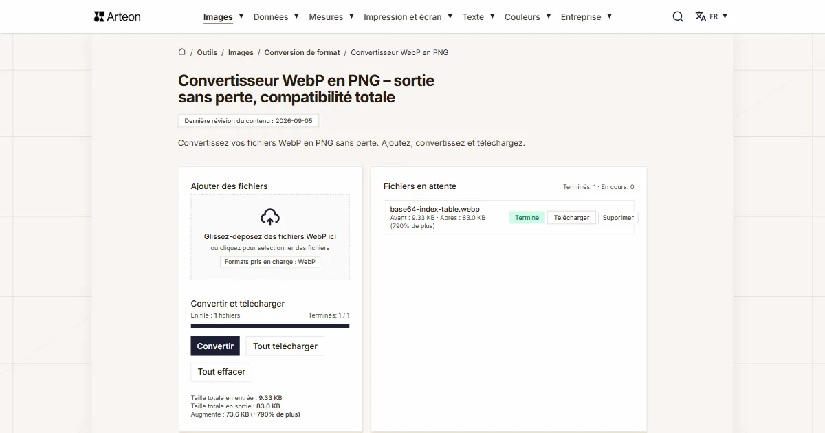 Capture d'écran de l'outil gratuit d'Arteon: Convertisseur WebP en PNG – sortie sans perte, compatibilité totale