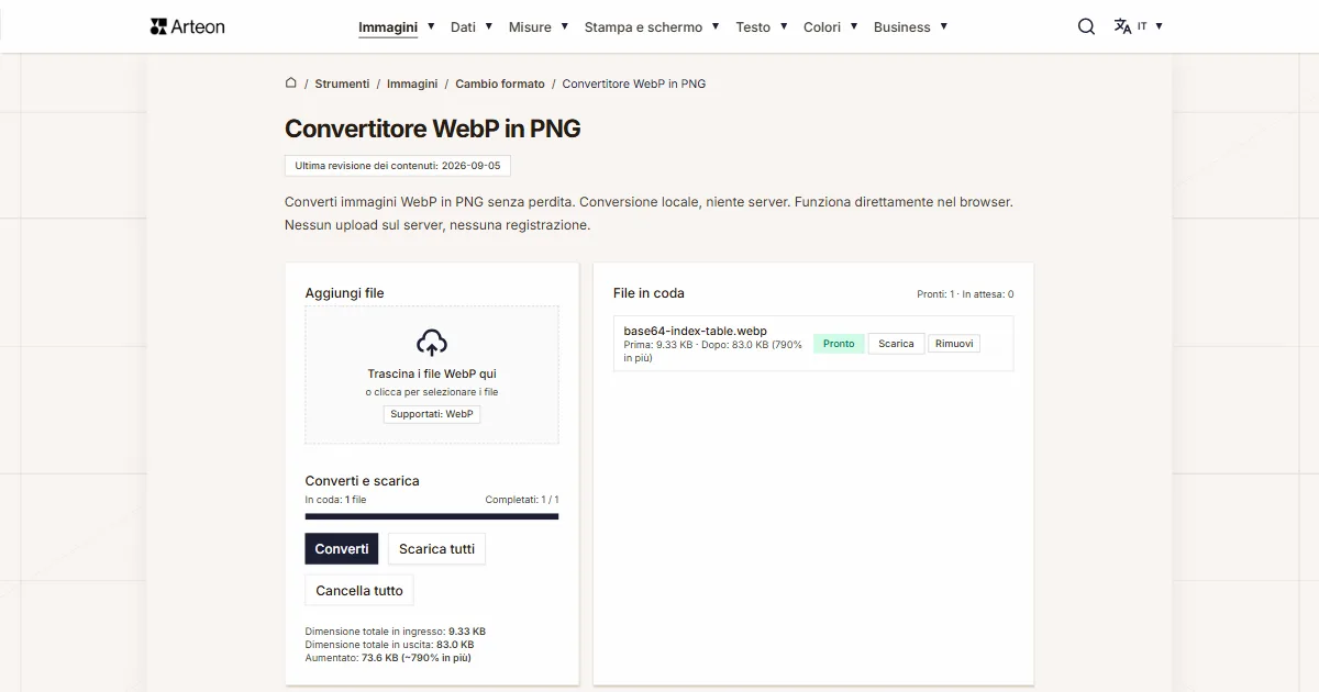 Screenshot dello strumento gratuito Arteon: Convertitore WebP in PNG