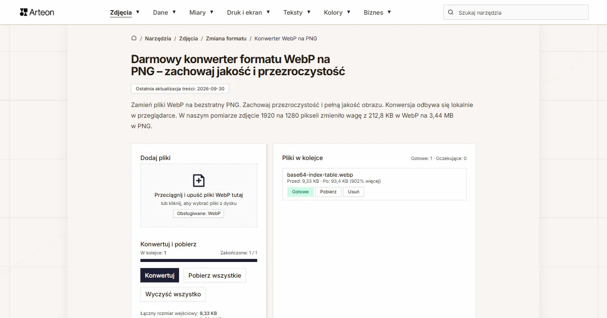 Zrzut ekranu darmowego narzędzia Arteon: Darmowy konwerter formatu WebP na PNG – zachowaj jakość i przezroczystość