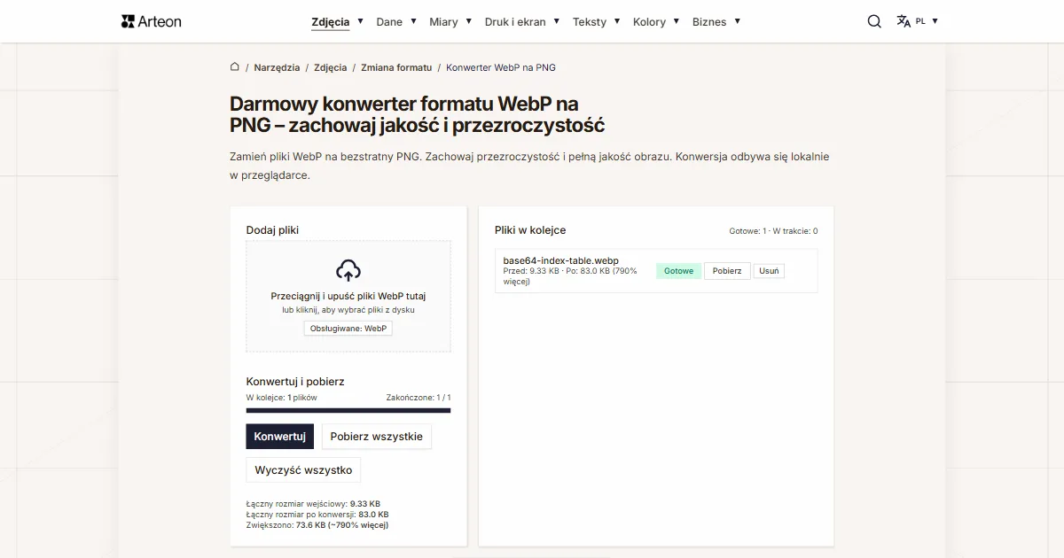 Zrzut ekranu darmowego narzędzia Arteon: Darmowy konwerter formatu WebP na PNG – zachowaj jakość i przezroczystość