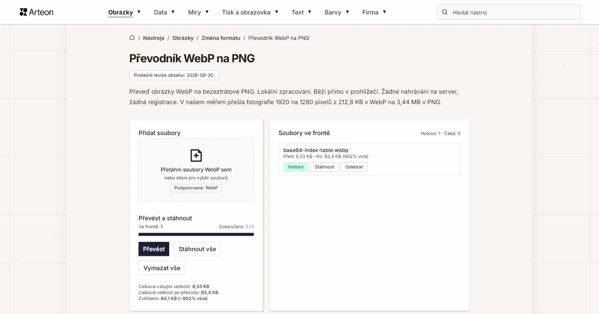 Snímek obrazovky bezplatného nástroje Arteon: Převodník WebP na PNG