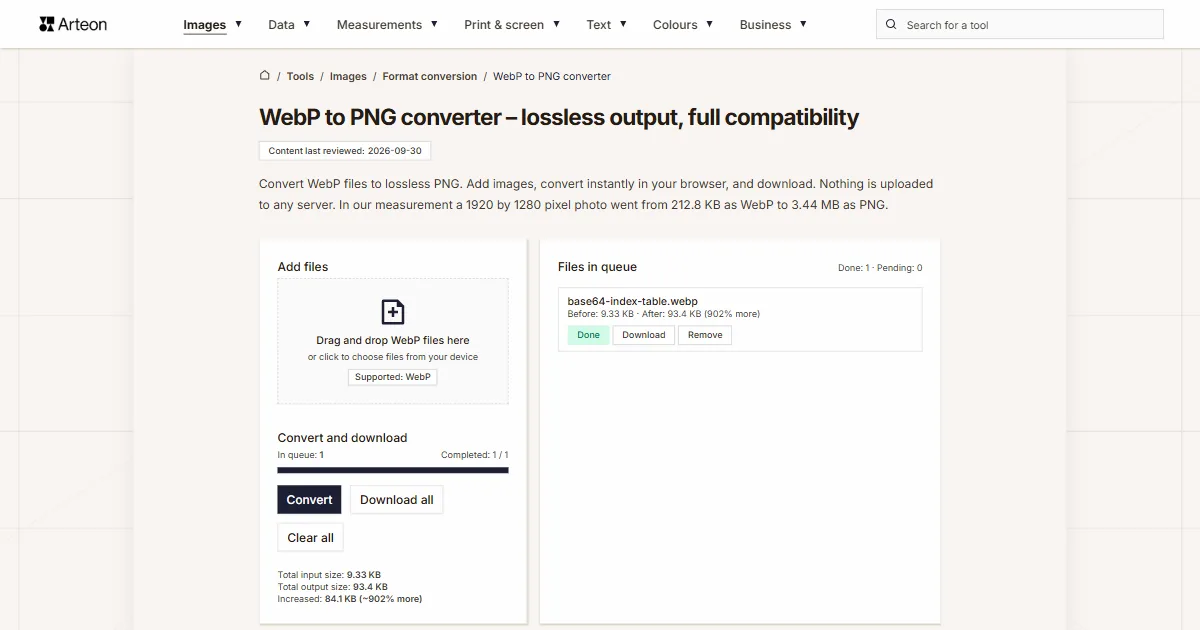 Arteon free tool screenshot: WebP to PNG converter – lossless output, full compatibility