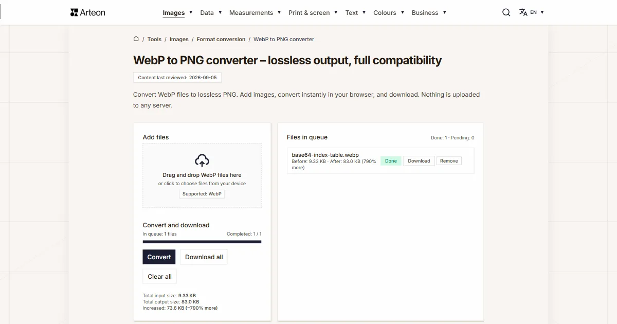 Arteon free tool screenshot: WebP to PNG converter – lossless output, full compatibility