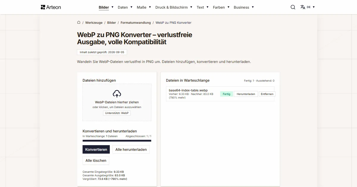 Screenshot des kostenlosen Arteon-Werkzeugs: WebP zu PNG Konverter – verlustfreie Ausgabe, volle Kompatibilität