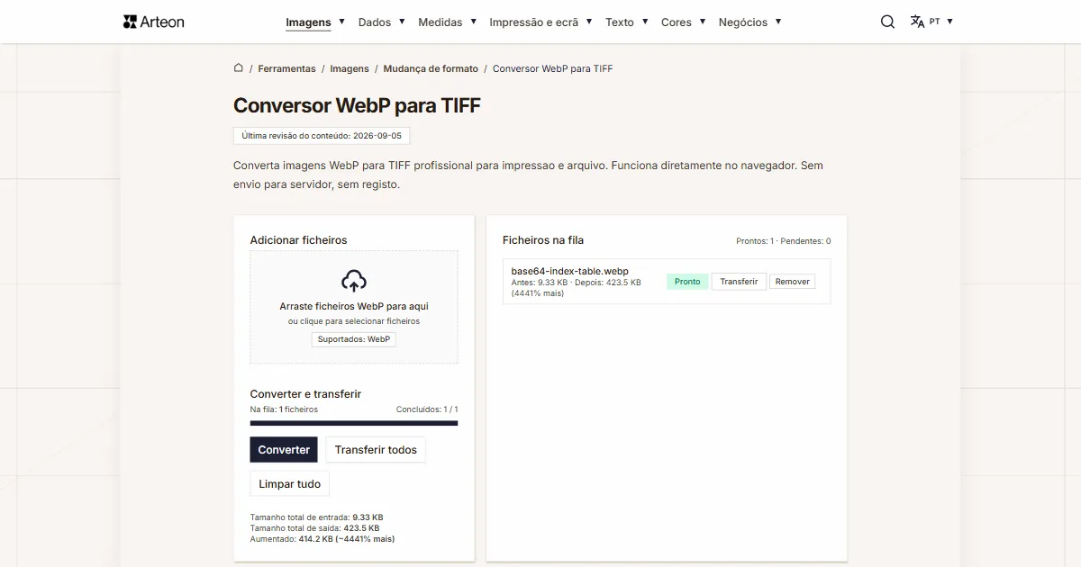 Captura de ecrã da ferramenta gratuita da Arteon: Conversor WebP para TIFF