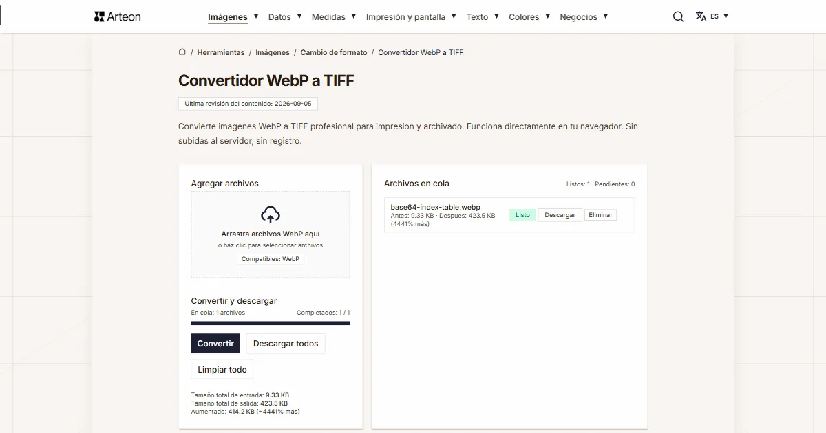 Captura de pantalla de la herramienta gratuita de Arteon: Convertidor WebP a TIFF