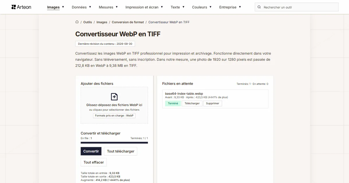 Capture d'écran de l'outil gratuit d'Arteon: Convertisseur WebP en TIFF