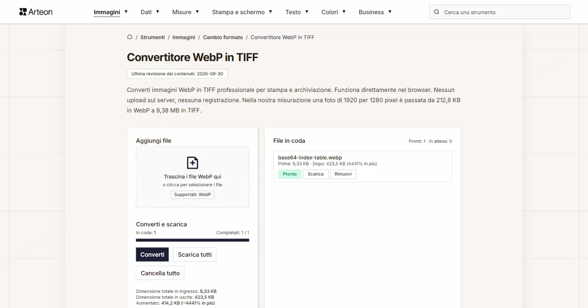 Screenshot dello strumento gratuito Arteon: Convertitore WebP in TIFF