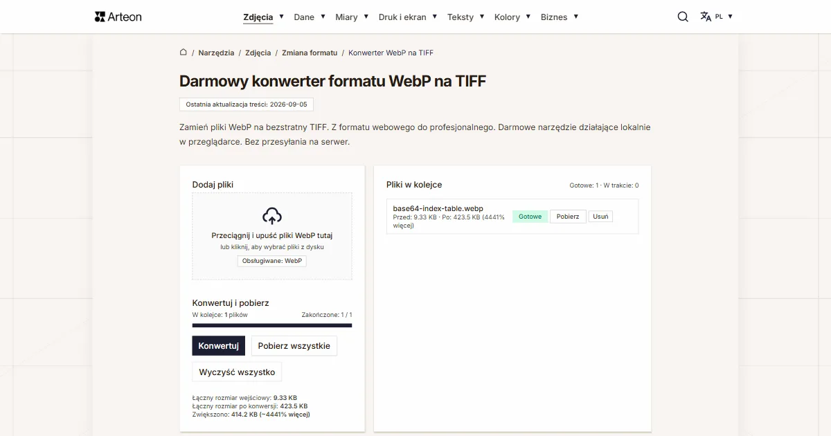 Zrzut ekranu darmowego narzędzia Arteon: Darmowy konwerter formatu WebP na TIFF