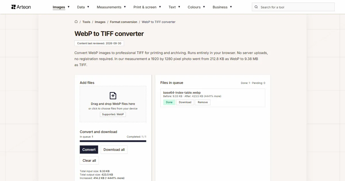 Arteon free tool screenshot: WebP to TIFF converter