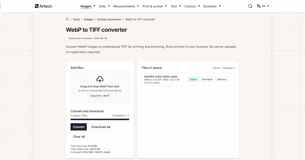 Arteon free tool screenshot: WebP to TIFF converter