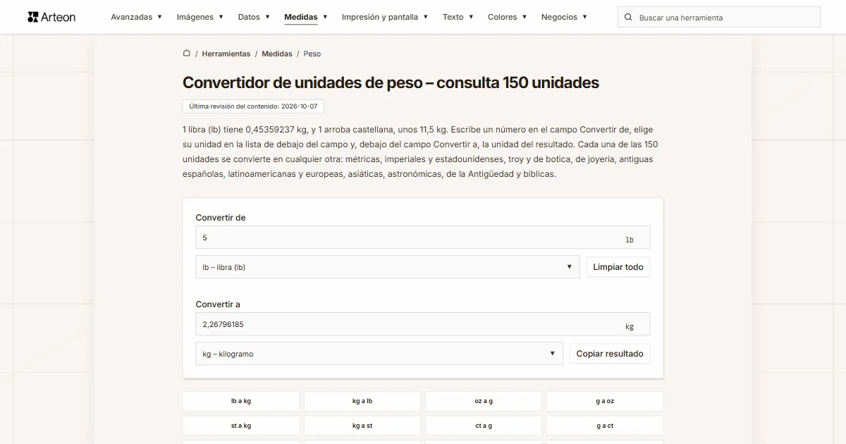 Captura de pantalla de la herramienta gratuita de Arteon: Convertidor de unidades de peso – consulta 150 unidades