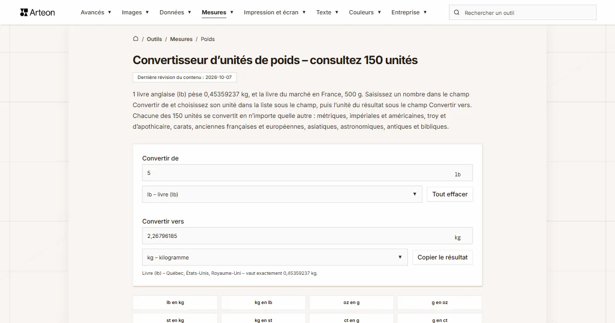 Capture d'écran de l'outil gratuit d'Arteon: Convertisseur d’unités de poids – consultez 150 unités
